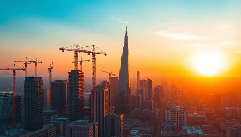 A fleet of mobile cranes operating against the modern skyline of Cairo, Egypt.