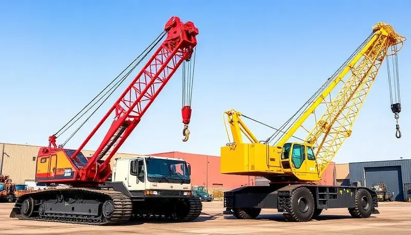 An array of different mobile cranes on a large construction site in Egypt at sunset.