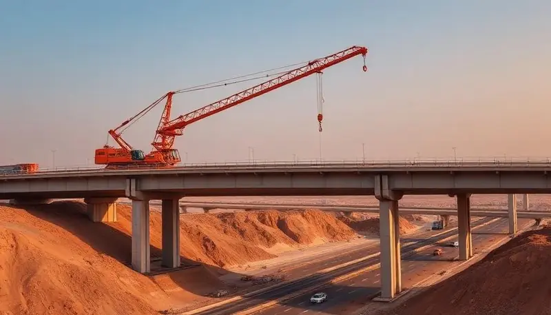 A large crawler crane operating on a massive infrastructure project in Egypt at sunrise.